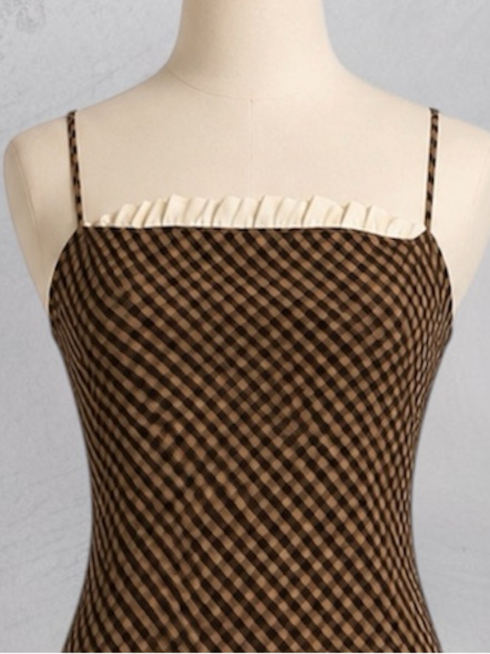 ANTONIO MELANI x Courtney Grow Brown Gingham Midi Dress with Cream Ruffle - Picture 5 of 10